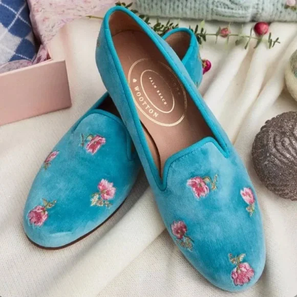 LoveShackFancy x Stubbs and Wootton Roses Slipper in Turquoise Blue Velvet - Picture 4 of 17